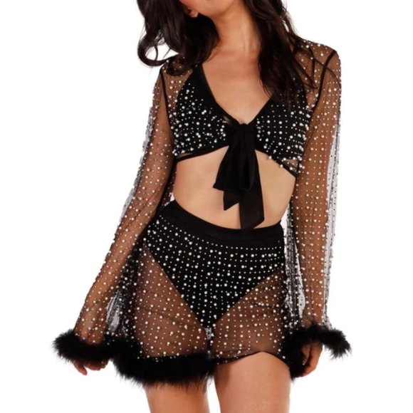 iHeart Raves Glamour Girl Pearl Studded Marabou Skirt Set - Picture 1 of 6